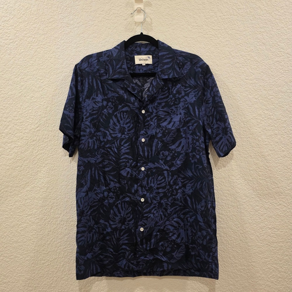 Unison Create Mens Navy Blue Tropical Monstera Leaf Print Camp Shirt CU-SS03 M